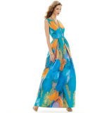 Sleeveless Abstract-Print Gown, Teal