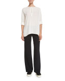 Keyhole-Front Long-Sleeve Silk Blouse