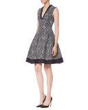 Sleeveless V-Neck Tweed Cocktail Dress, Navy/White