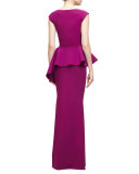 Etheline Cap-Sleeve Peplum Column Gown, Vinaccia