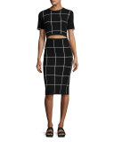 Short-Sleeve Windowpane Sheath Dress w/ Cutout Waist