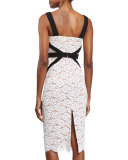 Gardenia Lace Sheath Dress W/Contrast Trim, Optic White