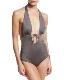 Brena Plunging Halter Ruched-Side Maillot, Taupe