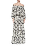 Palm-Print Pleated Maxi Skirt, White/Black