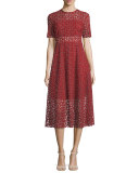 Short-Sleeve Embroidered A-Line Midi Dress, Red
