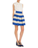 Striped Pleated A-Line Skirt, Natural/Navy