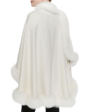 Fox Fur-Trimmed Cashmere U-Cape, White