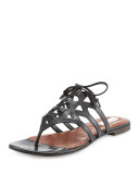 Claudia Leather Lace-Up Thong Sandal, Black