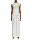 Sleeveless Foiled Lace Paneled Top, Gesso/Gold