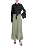 High-Waist Wide-Leg Plisse Pants, Green