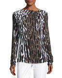 Draped Leopard-Print Long-Sleeve Tee, Leopard
