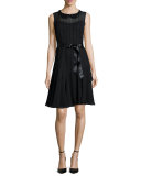 Sleeveless Jeweled-Collar Pintucked Dress