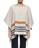 3/4-Sleeve Blanket Striped Poncho, Beige