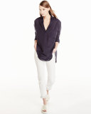 Long-Sleeve Woven Surplice Top, Navy