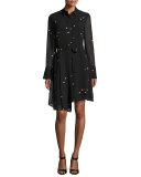 Asymmetric Dash-Print Chiffon Shirtdress, Black Multi