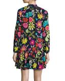 Corozone Long-Sleeve Floral Silk Shift Dress, Blue