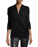 Jazlynn Long-Sleeve Ruched Surplice Top, Black