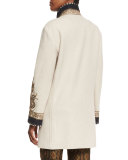 Embroidered Long Wool-Blend Coat, Ivory