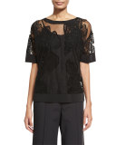 Bateau-Neck Botanical Mesh Jersey Top, Black