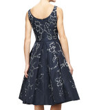 Sleeveless Floral-Embellished Dress, Navy/Silver