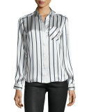 Long-Sleeve Striped Silk Charmeuse Blouse, Silver/Midnight/White
