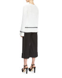 Long-Sleeve Ribbed Wool-Blend Sweater, White/Black