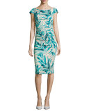 Cap-Sleeve Leaf-Print Sheath with T-Back