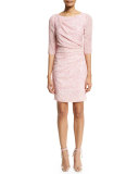 3/4-Sleeve Gathered Sheath Dress, Pink/Multi