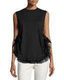 Side-Knot Tulle-Trim Tank, Black