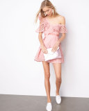 Lace Frill Asymmetric Cold-Shoulder Fit & Flare Mini Dress, Pink