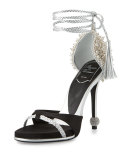 Lasso Pearly Ankle-Wrap Sandal, Black/Silver