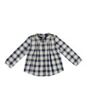 Studded Plaid Pintucked Blouse, Navy, Size 3-6