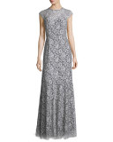 Cap-Sleeve Lace Gown, White/Black