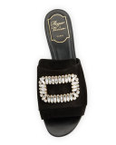 Strass-Buckle Suede Slide Sandal, Black