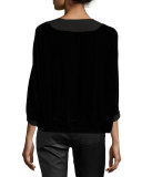 Nadya 3/4-Sleeve Yoked Velvet Blouse, Black