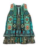 Sleeveless Tiered Silk Crepe Dress, Teal, Size 8-12