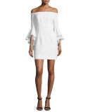 Selena Short Italian Cady Dress W/Cascades Sleeves, White 