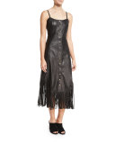 Leather Fringe Slip Dress, Black