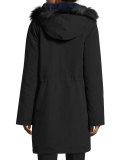 Hooded Fur-Trim Coat w/ Removable Fur Lining, Black/Blue