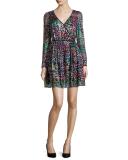 long-sleeve metallic silk chiffon mini dress, black/multicolor