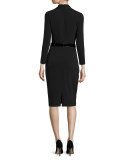 3/4-Sleeve Belted Stretch Crepe Sheath Dress, Black