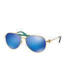 Mirrored Logo Aviator Sunglasses, Gold/Turquoise