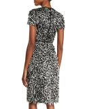 Ocelot Short-Sleeve Animal-Print Feathered Dress