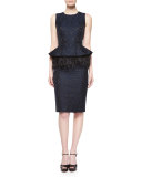 Sleeveless Feather-Peplum Sheath Dress, Navy/Black