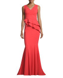 Farida Sleeveless Asymmetric Ruffle Mermaid Gown, Tomato