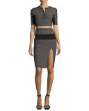 Sporty Diamond-Pattern Mesh-Inset Crop Top