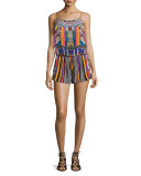 Printed & Embellished Romper Coverup, Woven Wonderland 
