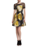Short-Sleeve Sunflower Cocktail Dress, Yellow/Black