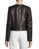 Collarless Cropped Pebbled Leather Jacket, Black