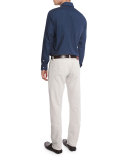 Printed Denim-Effect Herringbone Sport Shirt, Blue
